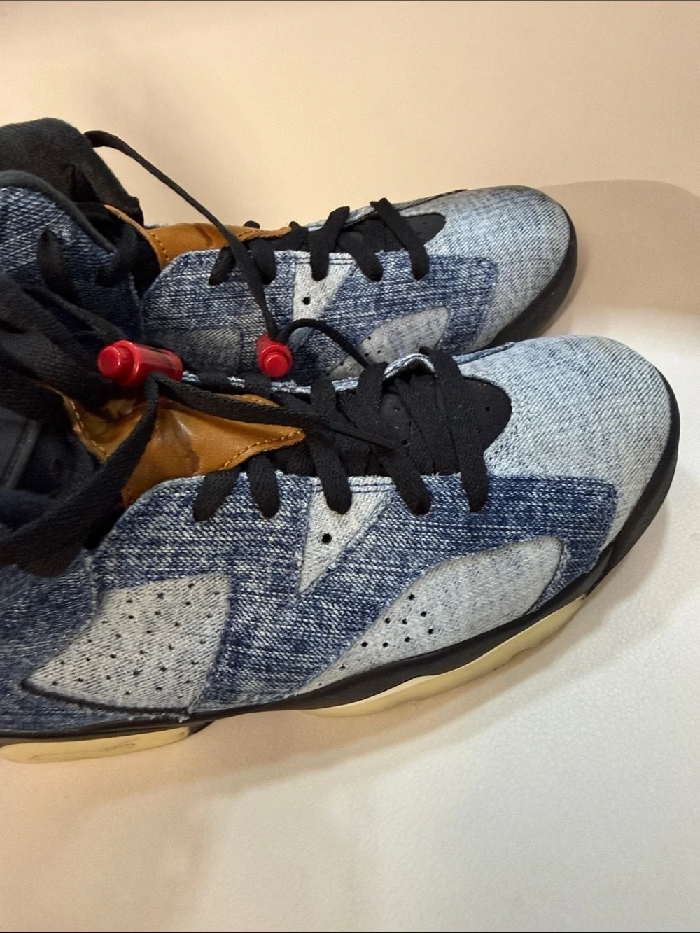 Nike High-Top Denim-Look Sneakers in Blue, Black & Tan with Red Lace Locks